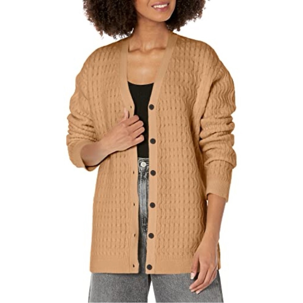 Theory Long Cable Knit Cardigan Sweater Large Camel Brown Wool Cashmere Minimal